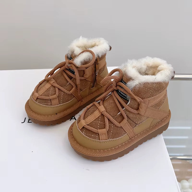 2025 New Winter Children Snow Boots Genuine Leather Warm Plush Toddler Boys Shoes Non-Slip Fashion Baby Girls Boots 1-6 Years