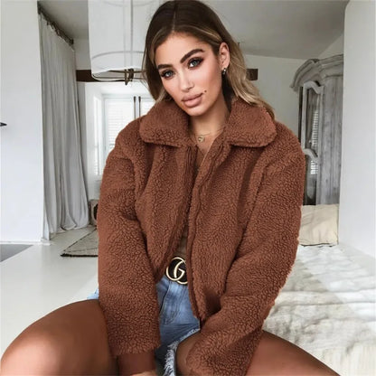 Elegant Bear Teddy Faux Fur Coat Women 2025 Autumn Winter Thick Warm Soft Fleece Jacket Female Pocket Zipper Coat Veste Femme
