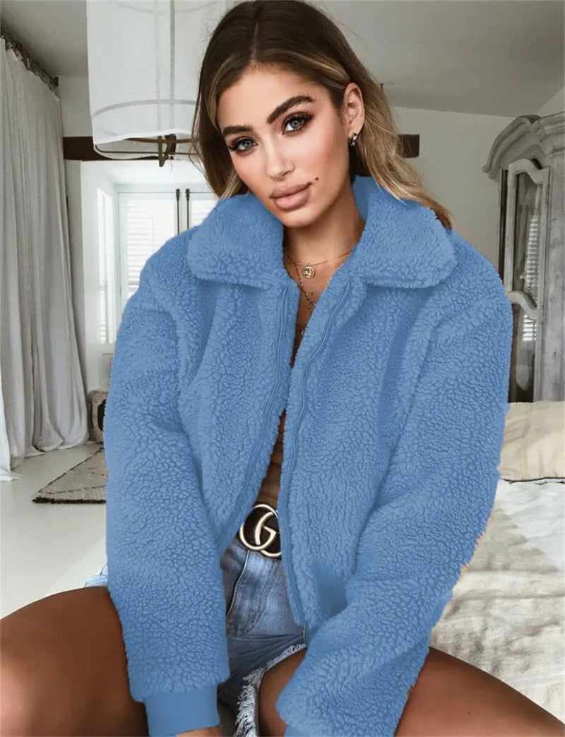 Elegant Bear Teddy Faux Fur Coat Women 2025 Autumn Winter Thick Warm Soft Fleece Jacket Female Pocket Zipper Coat Veste Femme