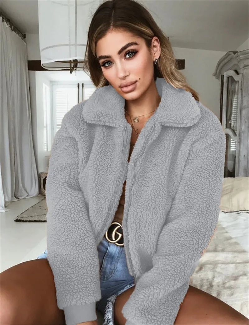 Elegant Bear Teddy Faux Fur Coat Women 2025 Autumn Winter Thick Warm Soft Fleece Jacket Female Pocket Zipper Coat Veste Femme