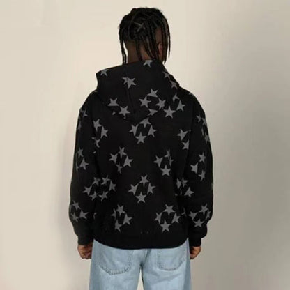 Star Print Zip Hoodie - Cardigan Style
