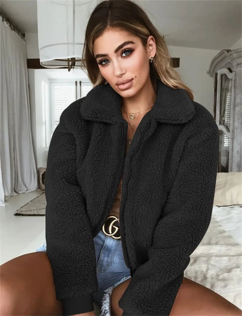 Elegant Bear Teddy Faux Fur Coat Women 2025 Autumn Winter Thick Warm Soft Fleece Jacket Female Pocket Zipper Coat Veste Femme