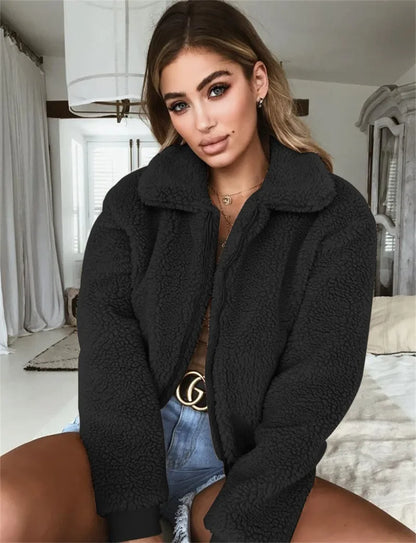Elegant Bear Teddy Faux Fur Coat Women 2025 Autumn Winter Thick Warm Soft Fleece Jacket Female Pocket Zipper Coat Veste Femme