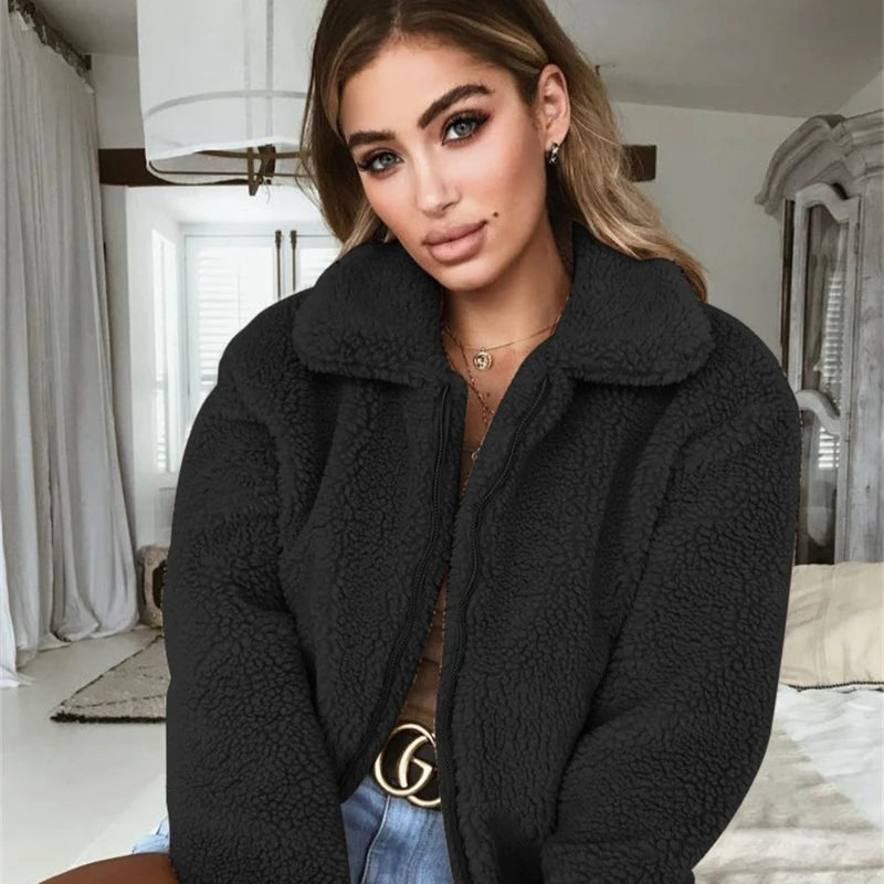 Elegant Bear Teddy Faux Fur Coat Women 2025 Autumn Winter Thick Warm Soft Fleece Jacket Female Pocket Zipper Coat Veste Femme