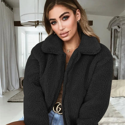 Elegant Bear Teddy Faux Fur Coat Women 2025 Autumn Winter Thick Warm Soft Fleece Jacket Female Pocket Zipper Coat Veste Femme