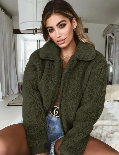 Elegant Bear Teddy Faux Fur Coat Women 2025 Autumn Winter Thick Warm Soft Fleece Jacket Female Pocket Zipper Coat Veste Femme