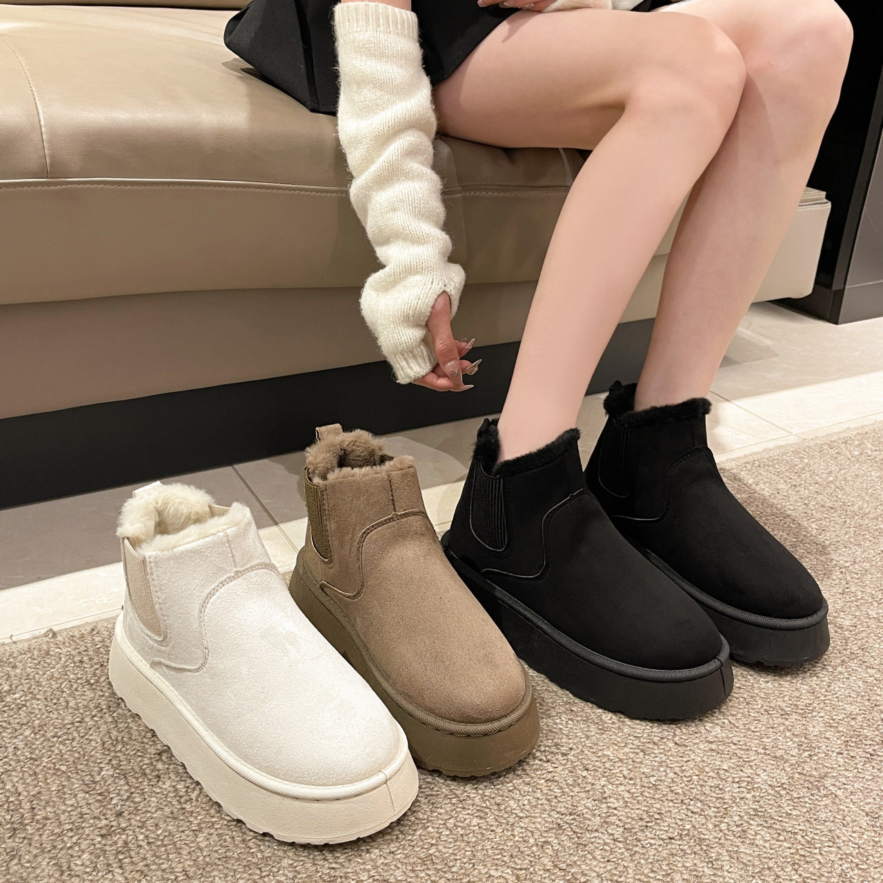 Women'S Plush Boots Winter Warm Fleece Thick Flats Snow Boots Fashion Shoes