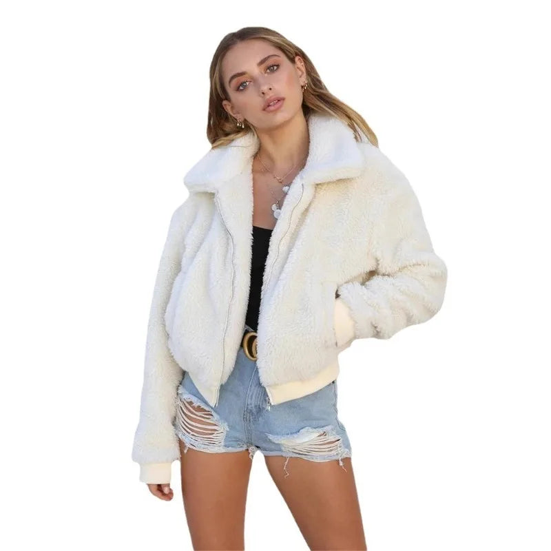 Elegant Bear Teddy Faux Fur Coat Women 2025 Autumn Winter Thick Warm Soft Fleece Jacket Female Pocket Zipper Coat Veste Femme