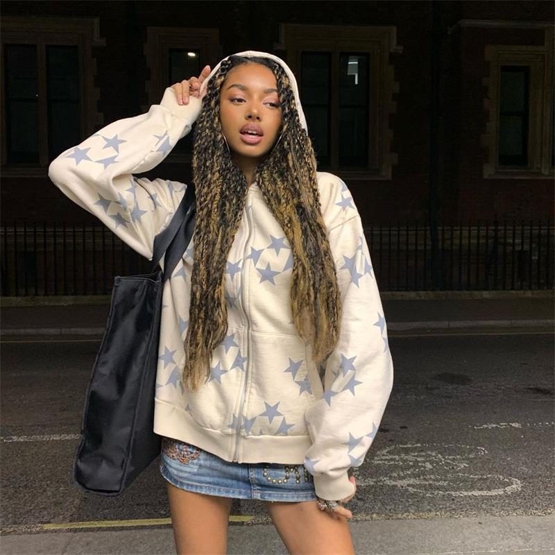 Star Print Zip Hoodie - Cardigan Style