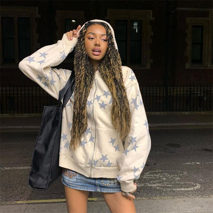 Star Print Zip Hoodie - Cardigan Style