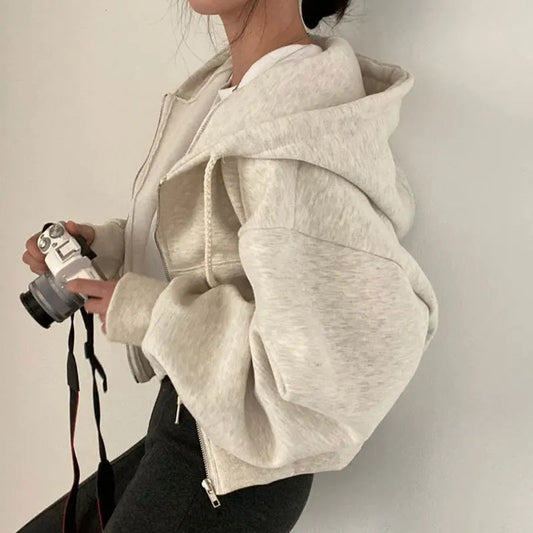 Casual Hood Sweatshirt Women Y2K Zip Up Hoodies Solid Harajuku Long