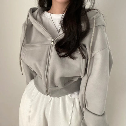 Casual Hood Sweatshirt Women Y2K Zip Up Hoodies Solid Harajuku Long
