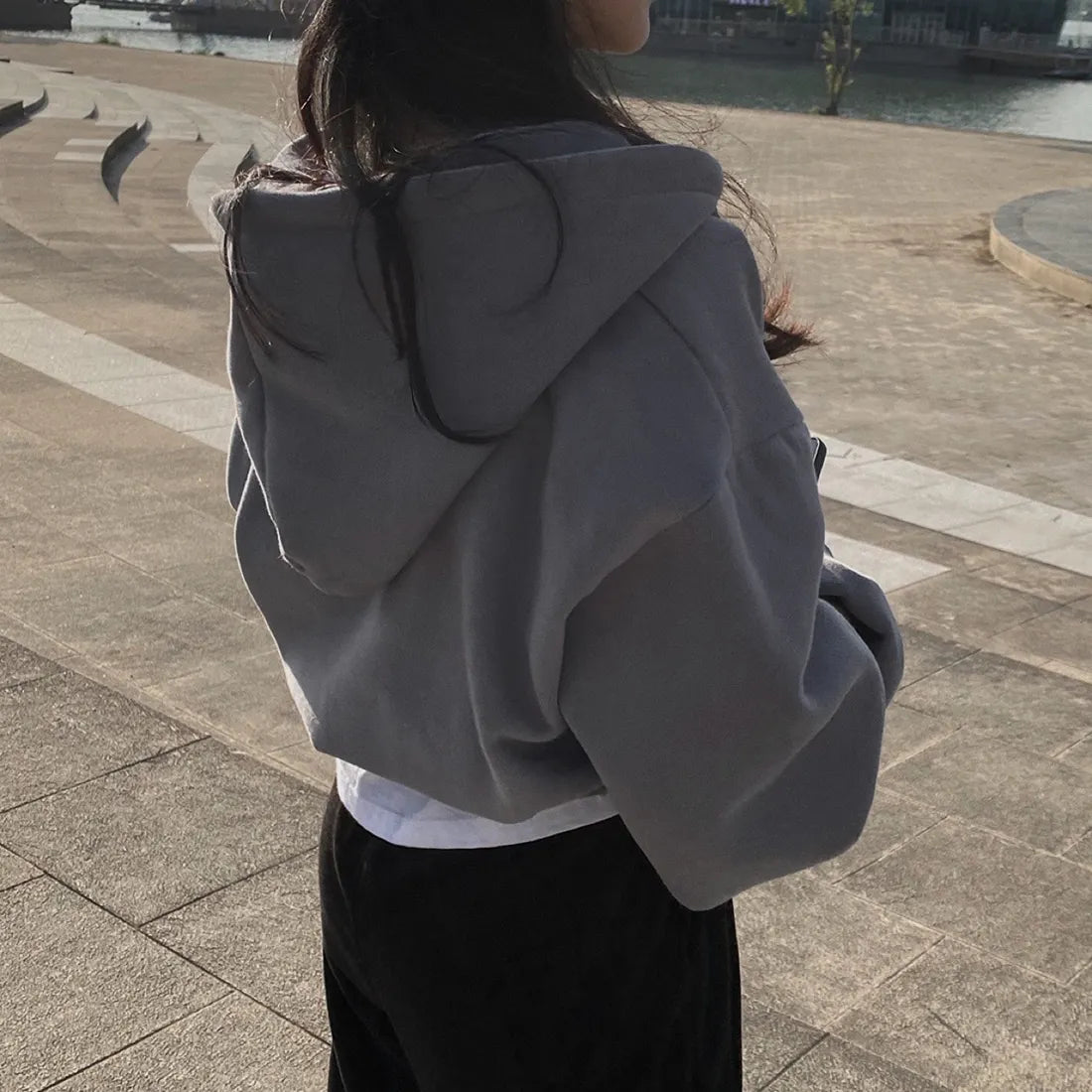 Casual Hood Sweatshirt Women Y2K Zip Up Hoodies Solid Harajuku Long