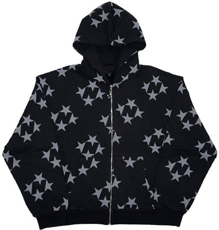 Star Print Zip Hoodie - Cardigan Style
