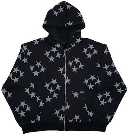 Star Print Zip Hoodie - Cardigan Style