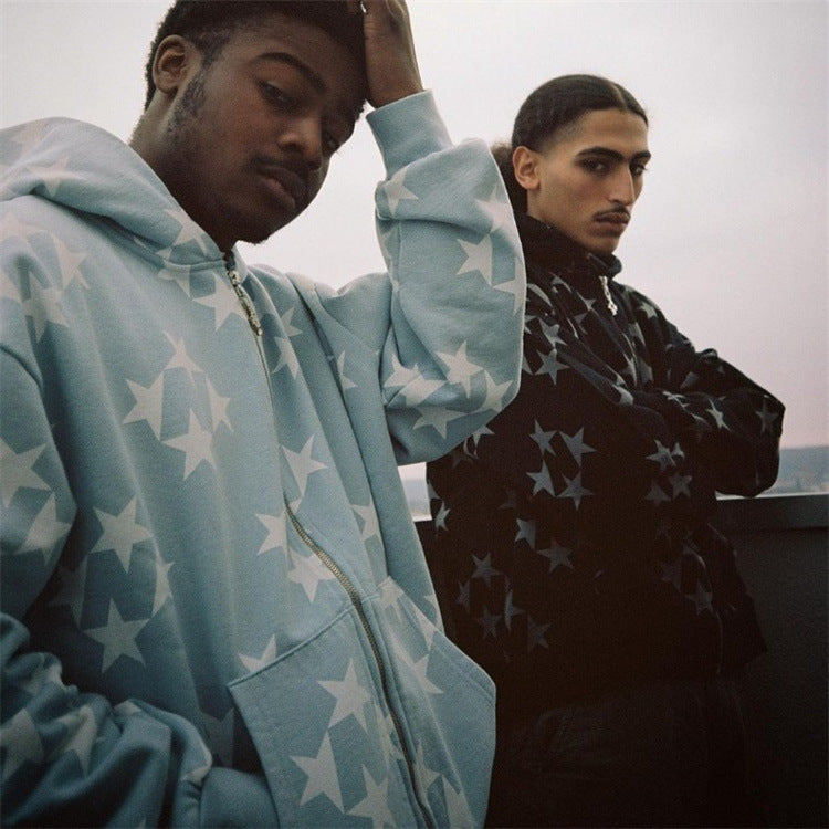 Star Print Zip Hoodie - Cardigan Style