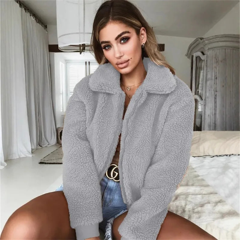 Elegant Bear Teddy Faux Fur Coat Women 2025 Autumn Winter Thick Warm Soft Fleece Jacket Female Pocket Zipper Coat Veste Femme