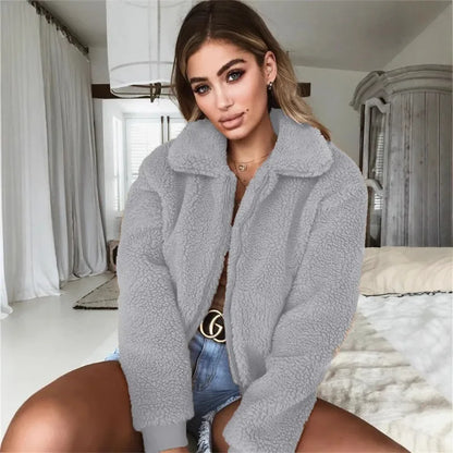 Elegant Bear Teddy Faux Fur Coat Women 2025 Autumn Winter Thick Warm Soft Fleece Jacket Female Pocket Zipper Coat Veste Femme