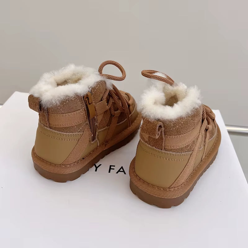 2025 New Winter Children Snow Boots Genuine Leather Warm Plush Toddler Boys Shoes Non-Slip Fashion Baby Girls Boots 1-6 Years
