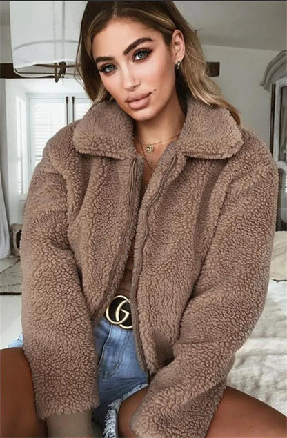 Elegant Bear Teddy Faux Fur Coat Women 2025 Autumn Winter Thick Warm Soft Fleece Jacket Female Pocket Zipper Coat Veste Femme
