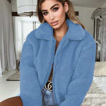 Elegant Bear Teddy Faux Fur Coat Women 2025 Autumn Winter Thick Warm Soft Fleece Jacket Female Pocket Zipper Coat Veste Femme